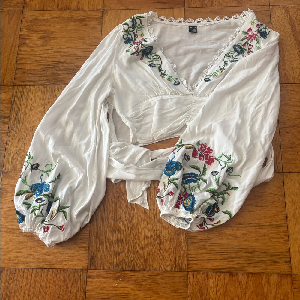 SHEIN White Tie Front Embellished Blouse